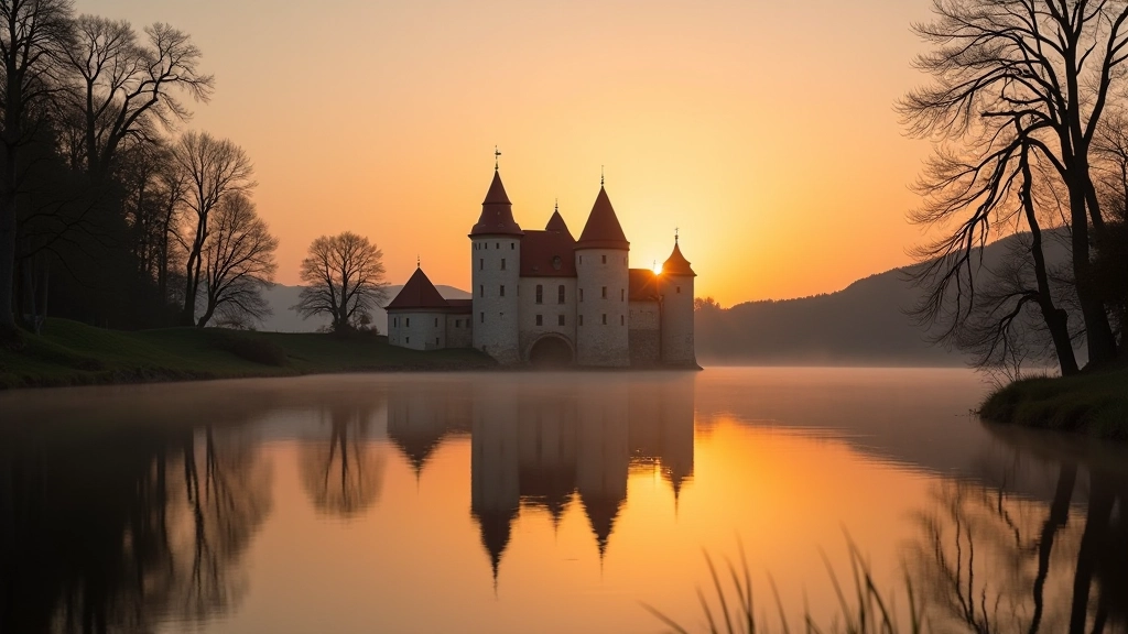 Trakų pilis iš ežero pusės su refleksija vandenyje, nuostabus saulėlydis ir oranžinės spalvos dangus